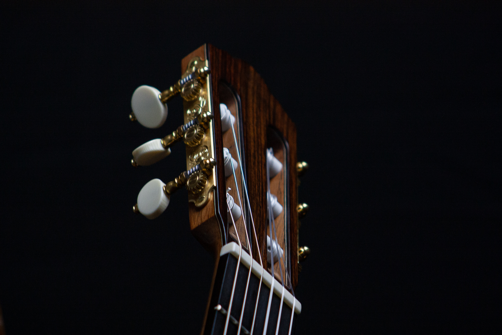 View of David Duyos' concert guitar headstock, including Perona tuners